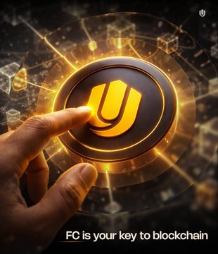 A hand points at a glowing golden coin with a 'U' symbol, set against a dark technological background, with the tagline 'FC is your key to blockchain'.