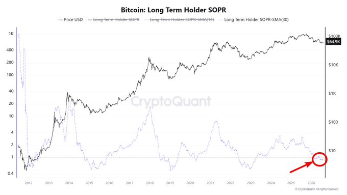 The image shows a Bitcoin Long Term Holder SOPR (Spent Output Profit Ratio) chart from CryptoQuant, with the current value circled in red at 0.590, indicating long-term holders are selling at a loss. Comparing this to the state five months prior (around late 2024/early 2025), the SOPR has remained persistently below 1, confirming sustained selling pressure from long-term holders realizing losses—consistent with the post's observation of ongoing LTH capitulation behavior.