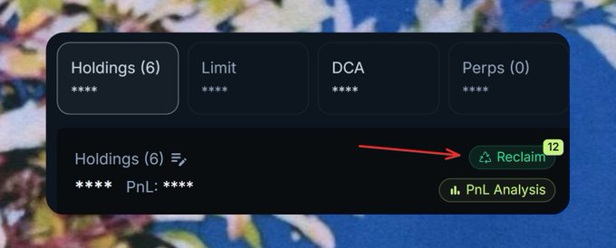 A dark-themed crypto wallet interface displaying tabs for 'Holdings (6)', 'Limit', 'DCA', and 'Perps (0)', with a red arrow pointing to a green 'Reclaim' button showing '12'.