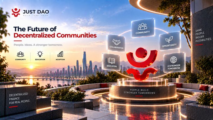 A promotional graphic for 'JUST DAO' titled 'The Future of Decentralized Communities' with the tagline 'People. Ideas. A stronger tomorrow,' featuring floating icons labeled Community, Collaboration, Education, and Opportunity, plus text including 'DECENTRALIZED FINANCE FOR REAL PEOPLE' and 'SAME PEOPLE BIGGER POSSIBILITIES.'