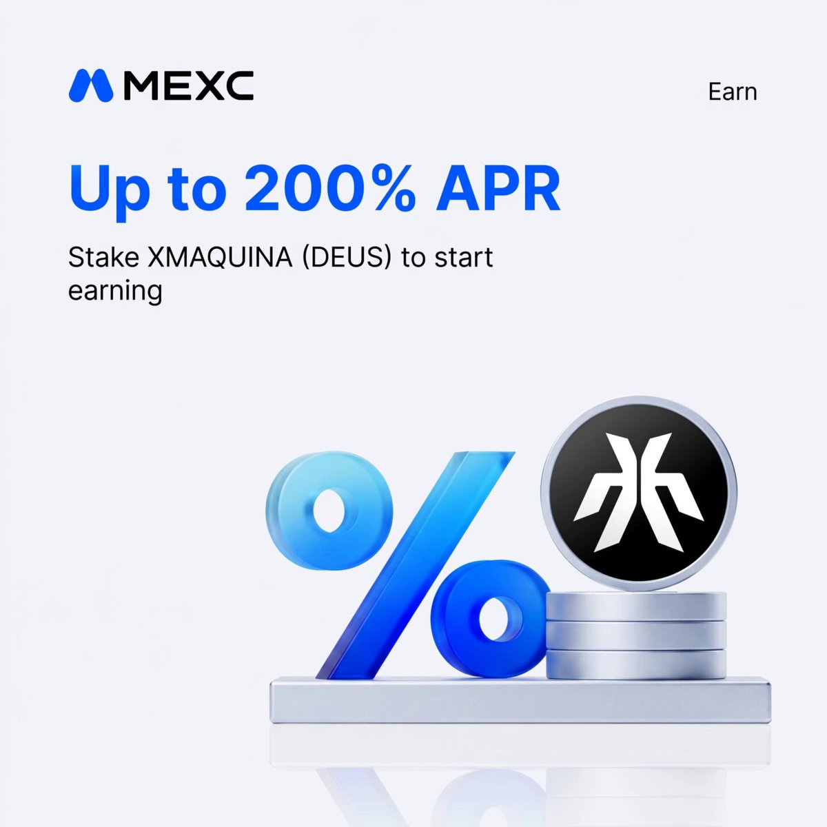 The image shows a stack of money symbols (coins) with one coin being blue and five coins being silver, sitting on top of a table. They are placed next to each other. The text at the bottom of the image states "Up to 200% APR on XMAQUINA (DEUS) DEUERS to start earning", which is related to exchange rates and investment opportunities. Above the stack of money symbols, there's another coin with a different symbol - an exclamation point, suggesting that the image focuses on a promotional message related to an investment opportunity or some form of monetary gain involving an exotic market.