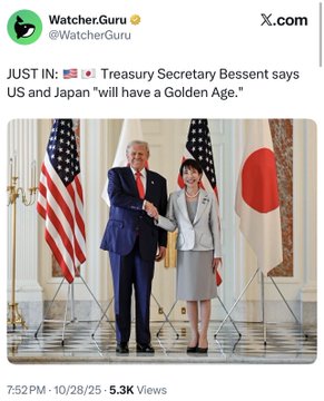 Treasury Secretary Bessent and Japanese officials stand together flanked by US and Japanese flags during a diplomatic meeting, with the Watcher.Guru post dated 10/28/25 quoting Bessent's statement that the US and Japan "will have a Golden Age." The image visually anchors the post's claim about upcoming economic partnership between the two nations.