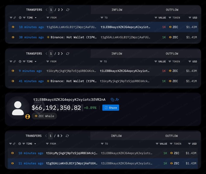 A dark-themed cryptocurrency transaction tracker shows transfers of "1K ZEC" and highlights a wallet holding "$66,192,350.82".