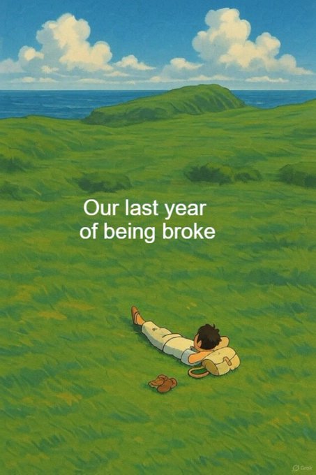 An animated scene of a character lying in a grassy field by the ocean with a backpack, overlaid with the text "Our last year of being broke"