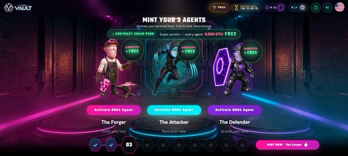 A minting interface on the "VAULT" platform lets users activate three free 8084 agents: The Forger (crafts loot), The Attacker (runs raids), and The Defender (guards vault).