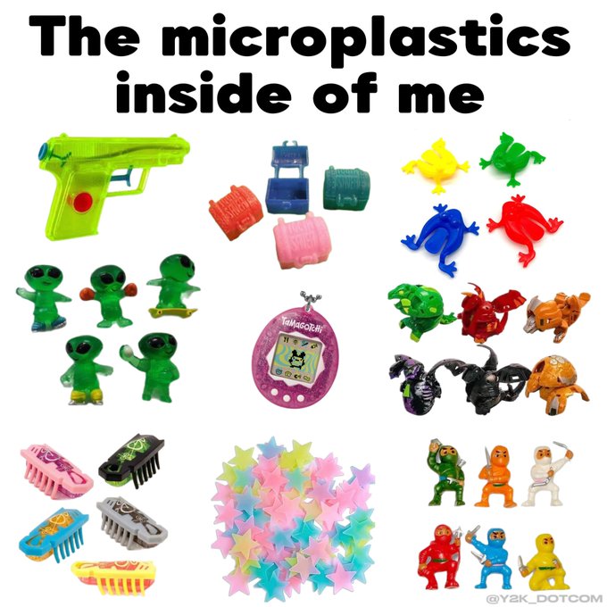 A collage of Y2K-era plastic toys—including alien figurines, colorful frogs, mini skateboards, hair clips, star confetti, a Tamagotchi, and a water gun—arranged beneath the bold text "The microplastics inside of me," with the watermark "@Y2K_DOTCOM" referencing 2000s nostalgia culture.