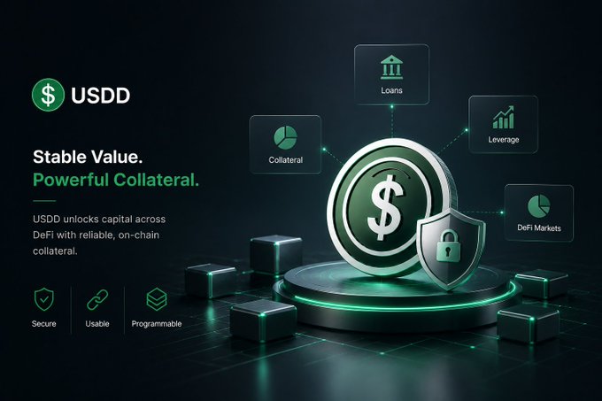 Another USDD promotional banner with the tagline 'Stable Value. Powerful Collateral.' stating 'USDD unlocks capital across DeFi with reliable, on-chain collateral,' showing icons for Loans, Leverage, Collateral, and DeFi Markets, with features: Secure, Usable, Programmable.