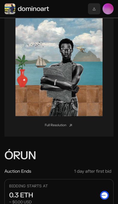 An Instagram post by "dominoart" advertising an NFT artwork titled "ÓRUN" on @manifoldxyz, with bidding starting at 0.3 ETH (~$0.00 USD) and ending 1 day after the first bid. The featured artwork depicts a man holding fabric against a tropical seascape with a sailboat and mountains.