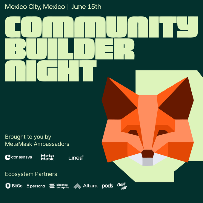 The image features a large, colorful illustration of an orange fox's head with a white nose and ears. The text "Community Builder Night" is written above the fox's head, indicating that this event is related to building communities or fostering collaboration among people. Below the fox's head, there are several logos representing different companies or organizations involved in ecosystem partners' work. These logos include "MetaMask", "Linea", and "PodsFinance". The image also includes a map of Mexico City with the date "June 15th" written on it.