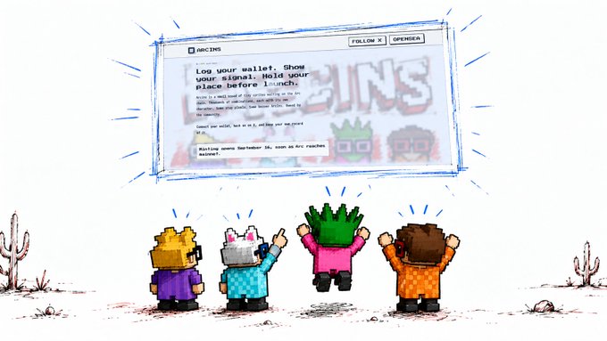 Four pixel-art characters with raised arms stand in a desert landscape before a giant billboard displaying the Arcins website, which announces "Log your wallet. Show your signal. Hold your place before launch" and outlines four phases including early wallets, broader ecosystem eligibility, lottery for mid-wallet holders, and custom eligibility for $ARCINS holders to reach the diamonds and coins in the sky, capturing the excitement of the project's go-live announcement at arcins.xyz.