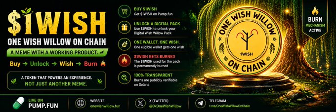 A promotional banner for the Solana memecoin $1WISH, featuring the tagline "ONE WISH WILLOW ON CHAIN — A MEME WITH A WORKING PRODUCT," alongside features like "Buy → Unlock → Wish → Burn," token utility mechanics, and a 5% mechanism labeled "BURN." The image displays the project's logo (a stylized willow tree on a gold coin), social links to Twitter (@OneWishWillow), Telegram (OneWishWillowOnChain), and website (onewishwillow.fun), confirming the banner addition noted in the post.