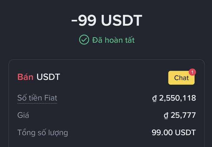 A transaction confirmation screen in Vietnamese shows a completed sale of '-99 USDT' for 'đ 2,550,118' at a rate of 'đ 25,777'.