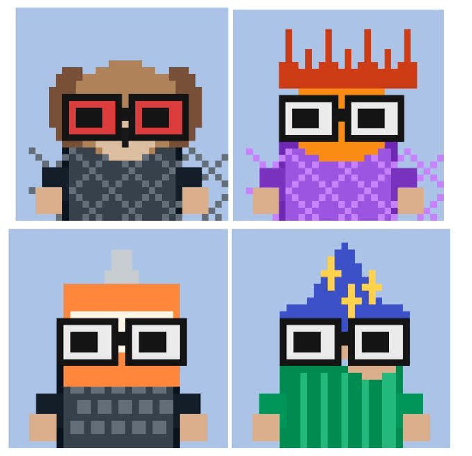 Four pixel art character portraits are arranged in a grid, each featuring a figure with black square glasses but different colored outfits and headwear.