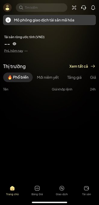 A screenshot of a Vietnamese-language cryptocurrency app interface showing the home screen with options for Home, Price Table, Trading, and Assets, with a prompt to open crypto transactions.