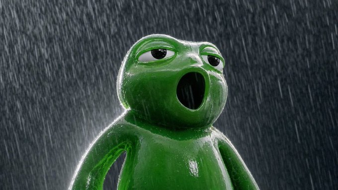A 3D rendering of a glossy green gummy-like figure with a shocked expression, standing in heavy rain against a dark background.