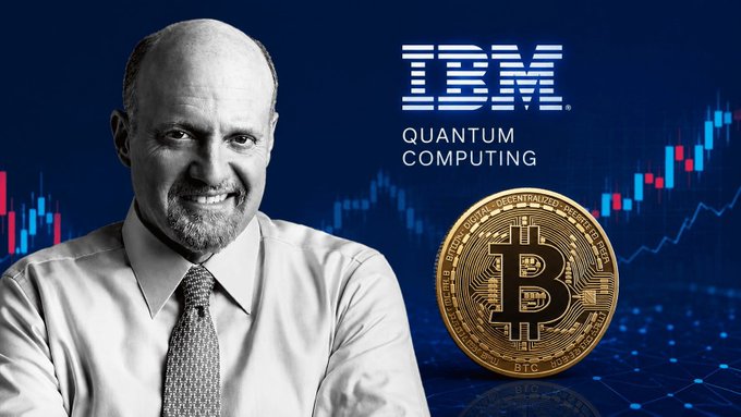 A thumbnail-style image showing a man alongside "IBM QUANTUM COMPUTING" text, a Bitcoin graphic, and rising financial charts.