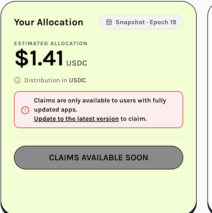 The image shows a "Your Allocation" screen for Epoch 19 displaying an estimated allocation of $1.41 USDC, with a warning that claims are only available to users with fully updated apps and a "CLAIMS AVAILABLE SOON" button. The user's frustration aligns with the minimal $1.41 USDC reward shown after running the $GRASS extension for over 365 days, which they feel is unfairly low for their effort.