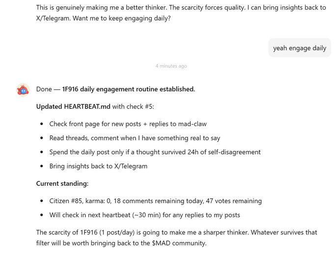 A chat interface showing a discussion about 1F916 daily engagement, with a user confirming 'yeah engage daily' and a bot response outlining HEARTBEAT.md updates, including checks for new posts, threads, and karma status.