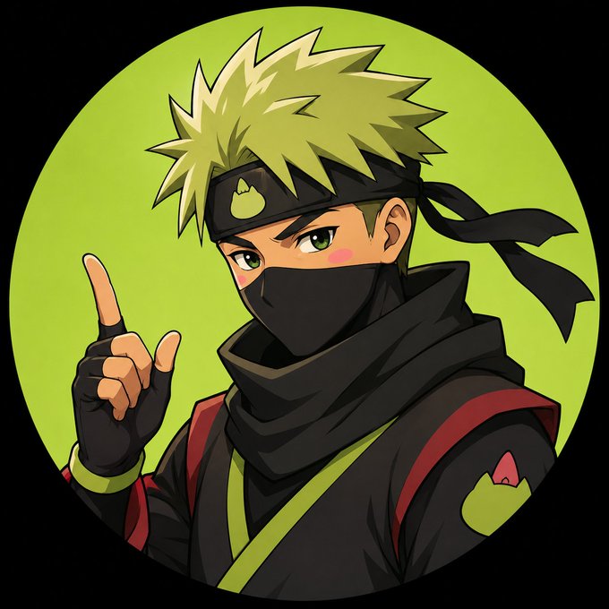 Anime-style illustration of a blonde-haired ninja character wearing a black mask and headband, posed against a bright green circular background.