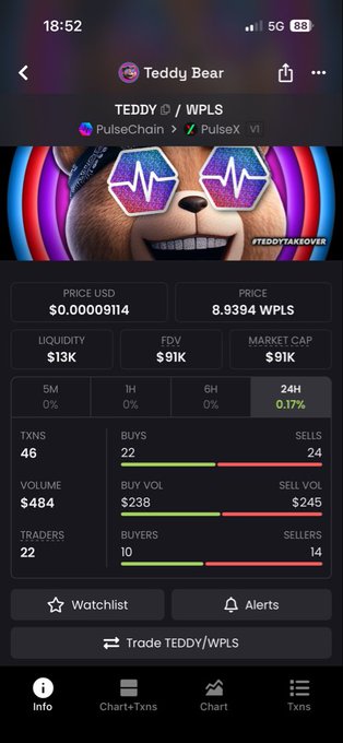 A mobile crypto app interface showing the 'Teddy Bear' (TEDDY / WPLS) token on PulseChain, displaying a price of $0.00009114, liquidity of $13K, and market stats.