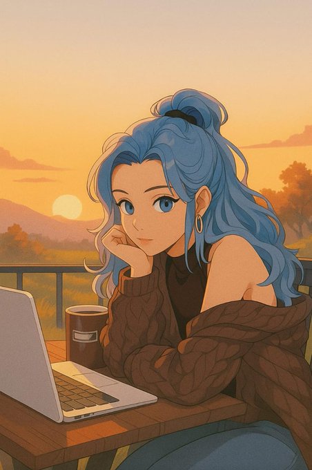 The image features a woman with blue hair sitting at a table using her laptop computer while wearing a sweater. The background of the image shows an orange sky, which could be interpreted as either sunrise or sunset depending on the lighting conditions. The scene suggests that she is enjoying some leisure time and possibly working from home during these times when the weather is cooler.