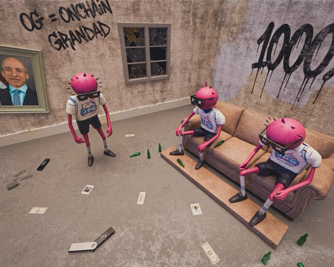 A 3D rendered scene shows three pink-headed figures with sunglasses and 'JPG' shirts sitting in a graffiti-covered room with text reading 'OG = ONCHAIN GRANDAD' and '1000' on the walls, surrounded by scattered bottles and dollar bills.