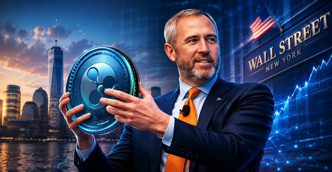 A man in a suit holds a large XRP/Ripple coin, with the Wall Street New York skyline and an American flag in the background.
