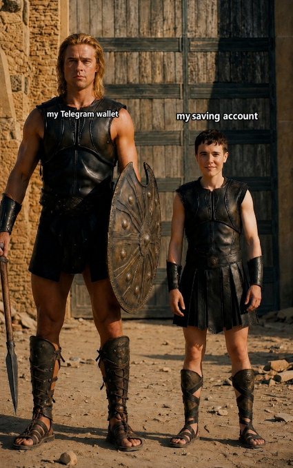 Two figures in ancient gladiator-style armor stand before wooden doors, labeled "my Telegram wallet" (tall, well-armed warrior) and "my saving account" (small, lightly-equipped figure). The visual humor underscores the post's point: the modest $142 savings pales in comparison to a Telegram wallet holding leveraged stocks like $NVDAx, $TSLAx, $AAPLx, and $CRCLx, suggesting the real money is in the wallet.