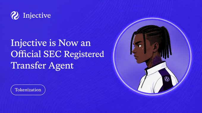 An Injective announcement graphic with the text "Injective is Now an Official SEC Registered Transfer Agent" and a "Tokenization" tag, featuring an illustrated character in a circular frame.