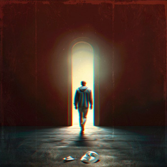 A digital artwork shows a silhouetted figure in a hoodie walking through a brightly lit arched doorway, leaving behind a mask on the floor, set in a dark, moody environment with red and blue tones.