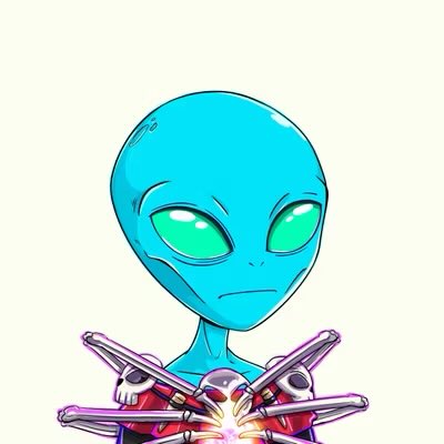 A cartoon blue alien with large glowing green eyes holds up a colorful mechanical device with metallic pincers. The sci-fi illustration ties into the post's space-themed "Lunarverse" branding and "Crown Dao" community, where the user celebrated winning a crypto NFT micro as a reward for activity.