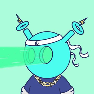 A cartoon illustration of a teal robot-like character with antenna shaped like swords, wearing a white headband and gold chain necklace, with green beams emitting from its eyes.