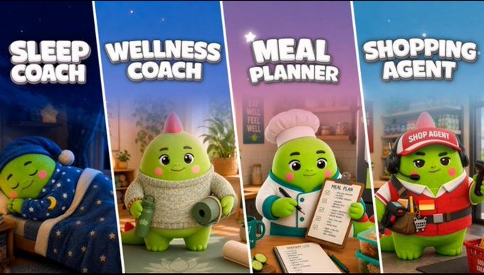 The image features four cartoon green characters sitting at tables with various items, such as books and a cup of coffee. They are dressed in different outfits, including a chef's hat and an apron. The text "gm good morning" appears on one character, while another character has a name tag that reads "@sleepagotchi". The post also mentions the app being designed to help users build better habits through rewards for completing certain tasks or behaviors.