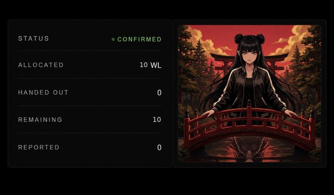 A digital card display showing an anime-style female character with long black hair on a red bridge, alongside a status panel reading 'STATUS: CONFIRMED', 'ALLOCATED: 10 WL', and 'REMAINING: 10'.