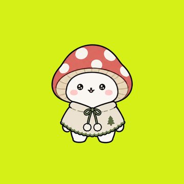 A cute cartoon character with a white body wearing a red and white spotted mushroom cap hood with a green bow, standing on a bright green background.