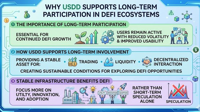 The image shows a graphic representation of a diagram or flowchart, which explains why users should support long-term participation in DeFi ecosystems. The diagram highlights the importance of long-term participation for the growth of decentralized finance by providing financial tools that reduce unnecessary volatility and improve user experience.