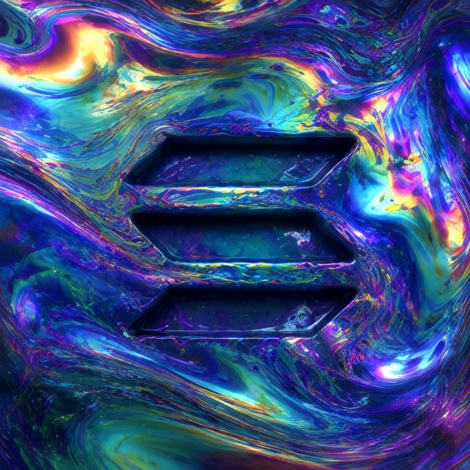 A vibrant, swirling abstract background of blue, purple, and green hues features three dark, rectangular vents arranged vertically in the center, evoking a futuristic aesthetic related to the Solana blockchain.
