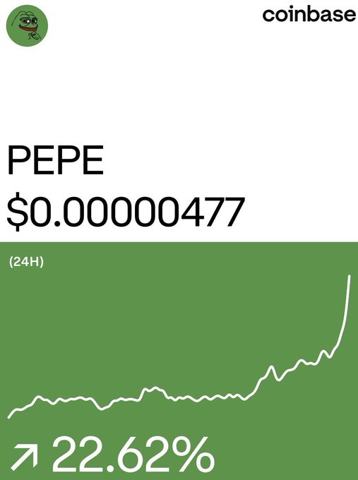 Coinbase app screenshot showing PEPE cryptocurrency at $0.00000477 with a 24H increase of 22.62%, featuring the Pepe frog meme logo.