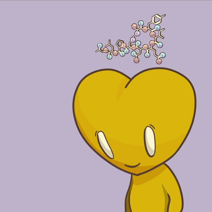 An illustration of a yellow heart-headed cartoon character with a cluster of chemical structures (OH and CH3 groups) floating above its head on a purple background.