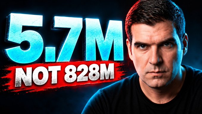 A YouTube thumbnail featuring a serious-looking man next to large text stating '5.71M NOT 828M' in blue and white lettering on a red brushstroke.
