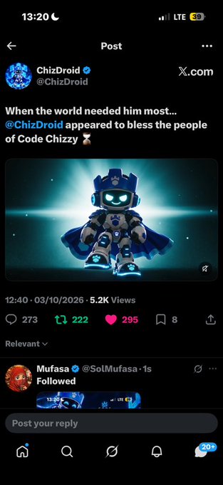 A screenshot of a social media post by ChizDroid (@ChizDroid) on X.com reading 'When the world needed him most... @ChizDroid appeared to bless the people of Code Chizzy ⏳', featuring an image of a robot-like character with a cape.