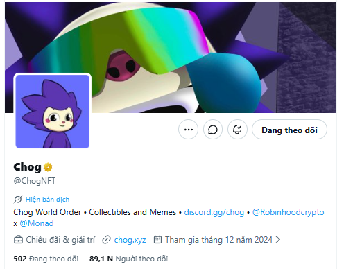 The image shows a Twitter/X profile for "Chog" (@ChogNFT), a verified NFT project account featuring a colorful purple cat mascot in the banner, with 89.1K followers, listing its affiliation with Chog World Order, Collectibles and Mermes, and linking to discord.gg/chog and chog.xyz—directly relevant to the post promoting the newly launched whitelist checker tool at checker.chog.xyz.
