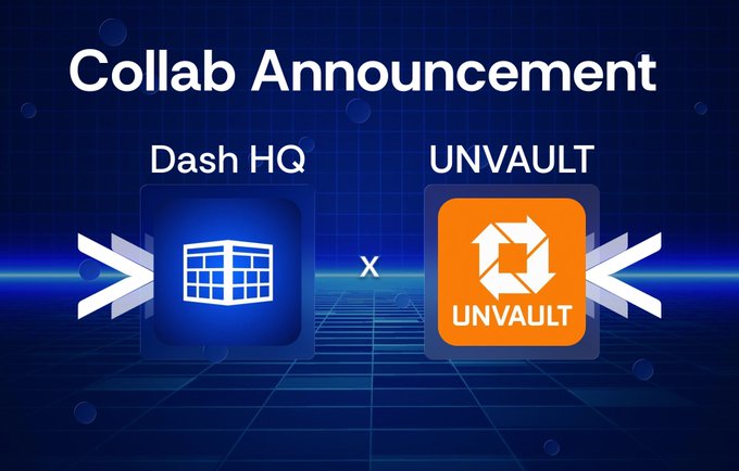 A 'Collab Announcement' graphic on a blue retro-tech background showing a partnership between 'Dash HQ' (blue cube logo) and 'UNVAULT' (orange logo).