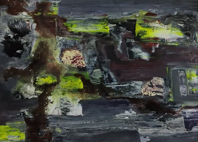 An abstract mixed-media painting with smeared textures in dark grays, browns, bright greens, and yellows.