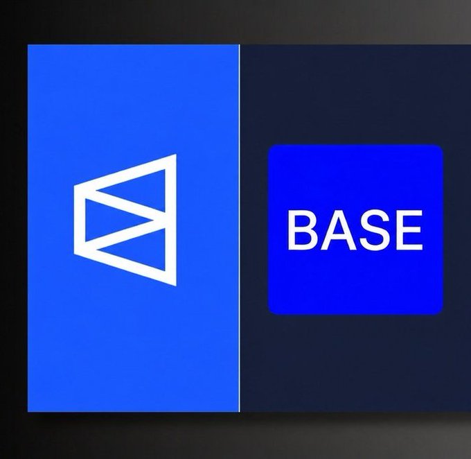The image features two blue squares side by side against a black background. The square on the left has the word "base" written in white letters, while the square on the right displays the word "Polymarket" in white letters. Both squares are positioned vertically and share similar designs with their respective text.
