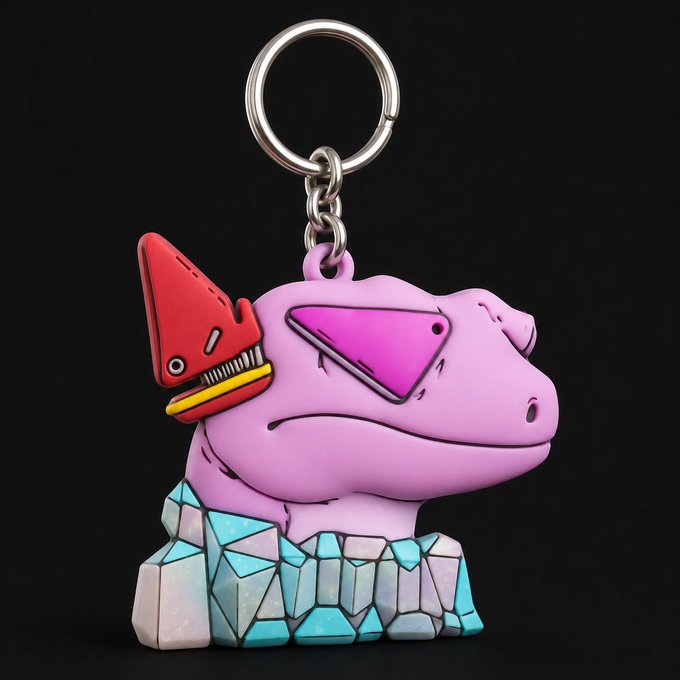 A pink plastic keychain figurine of a cartoon dinosaur character with a red bird-like creature on its back, sitting on a base of blue/white crystals.