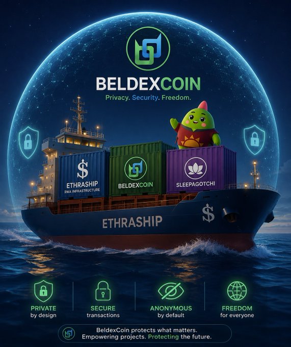 Promotional graphic for 'BELDEXCOIN' with the tagline 'Privacy. Security. Freedom.' depicting a cargo ship labeled 'ETHRASHIP' carrying containers branded with ETHRASHIP, BELDEXCOIN, and SLEEPAGOTCHI logos.