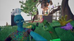 A group of colorful avatars—including a panda, a winged character, and several green, blue, and purple figures—stand together in a vibrant, grassy virtual environment, posing in unison as if lined up for a synchronized group photo. The image playfully illustrates the "Gang's all synced" caption by showing a diverse crew of in-game characters literally standing in sync, ready for action.