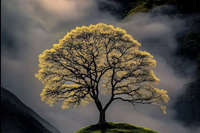 A scenic photograph of a solitary tree with golden-yellow leaves standing on a grassy hill, surrounded by misty clouds and mountains in the background.