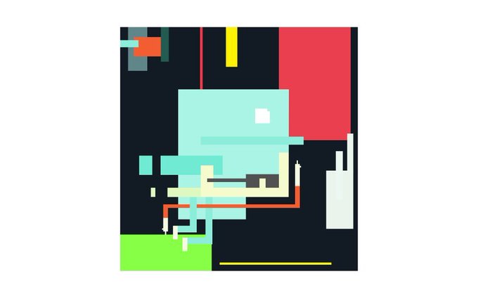 A colorful, blocky pixel art composition features abstract geometric shapes in teal, red, yellow, green, and black.
